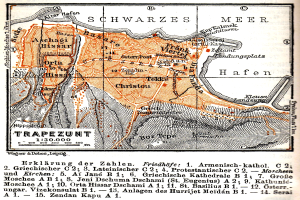 Ein detaillierter alter Stadtplan von Trapezunt, Deutschland, der Stra├čen, Geb├Ąude, Landmarken und begleitenden Text ├╝ber die Bev├Âlkerung, Stra├čen und Landmarken der Stadt zeigt.