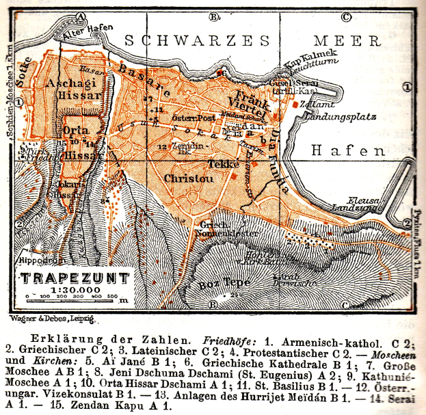 Ein detaillierter alter Stadtplan von Trapezunt, Deutschland, der Stra├čen, Geb├Ąude, Landmarken und begleitenden Text ├╝ber die Bev├Âlkerung, Stra├čen und Landmarken der Stadt zeigt.
