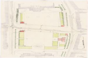 Eine Zeichnung eines Parkplans mit zahlreichen Bäumen, wahrscheinlich ein Lageplan für eine neue Schule, mit zusätzlichen Textdetails.