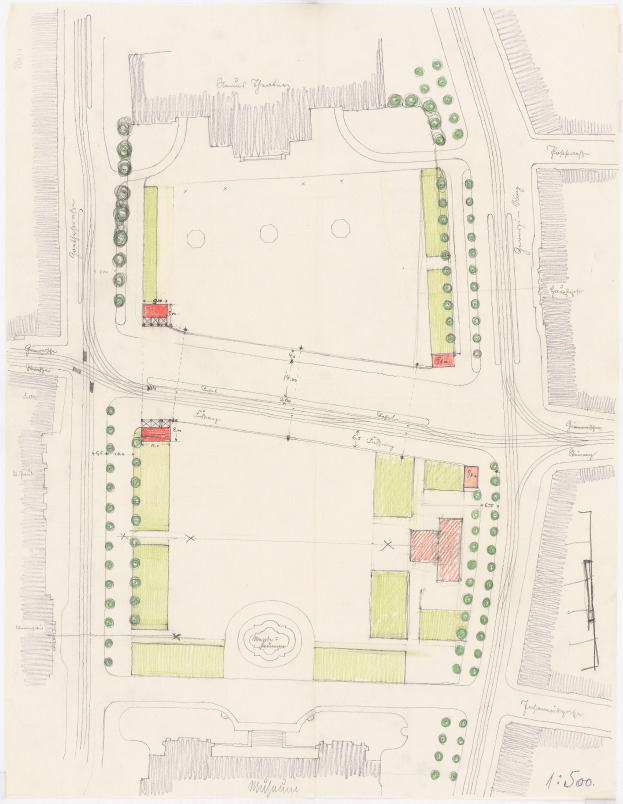 Eine Zeichnung eines Parkplans mit zahlreichen Bäumen, wahrscheinlich ein Lageplan für eine neue Schule, mit zusätzlichen Textdetails.