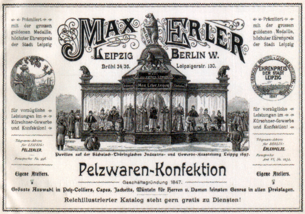 Eine Werbeanzeige aus der Vergangenheit für Max Erler Leipzig in Berlin, Deutschland, die eine Gruppe von Menschen vor einem Gebäude zeigt.