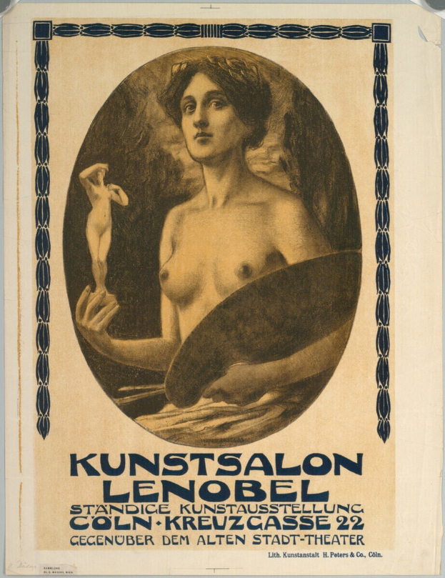 Ein Plakat für die Kunstsalon Lenobel in Berlin, Deutschland, das eine Frau mit einem menschlichen Gesicht und einen Text zeigt, der ein Ereignis beschreibt.
