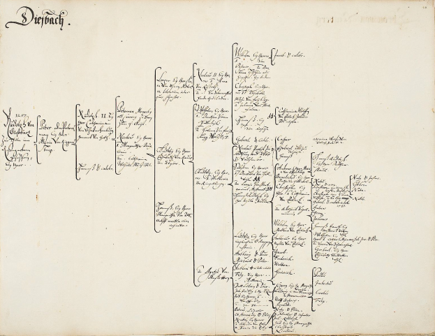 Ein aufgeschlagenes Buch mit handschriftlicher Ahnenforschung der deutschen Familie.