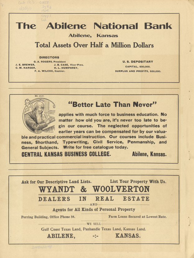 Eine alte Zeitungsanzeige für die Abilene National Bank, die ein zentrales Bild einer Person und Text zeigt, der die Dienstleistungen der Bank beschreibt.