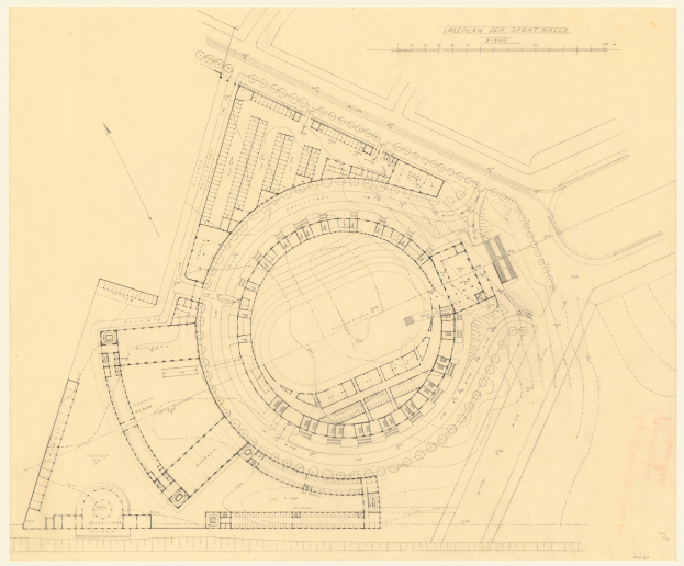 Schwarz-weißer architectural plan eines Stadiongeländes mit umliegenden Gebäuden, betitelt als der vorgeschlagene Sport Hall in London, mit handschriftlichen Anmerkungen.