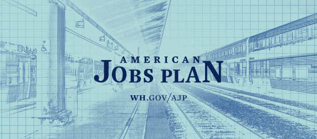 Entwurf einer Bahnstation mit der Aufschrift "American Jobs Plan" und einem Zug auf der rechten Seite.