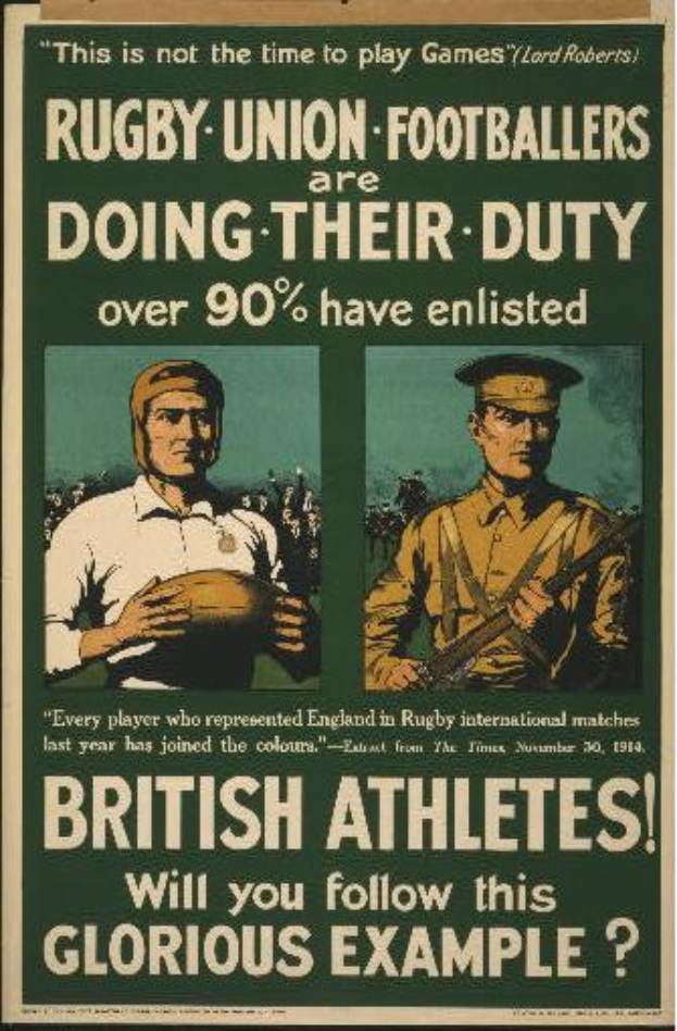 Ein Vintage-Plakat mit zwei Rugby-Union-Fussballern, das ihre Einberufung in den Dienst ankündigt und darauf hinweist, dass über 90 % der britischen Athleten eingezogen sind.
