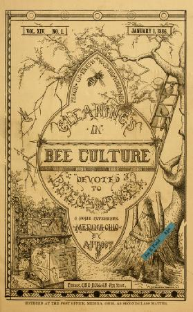 Ein altes Buch mit einer Zeichnung einer Biene, umgeben von Bäumen, einer Leiter und anderen Gegenständen, mit der Aufschrift "Reinigung in der Bienenkultur" auf dem Cover.