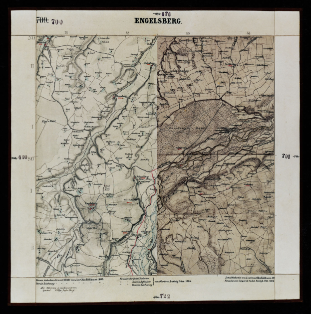 Ein altes topografisches Kartenbild von Engelsberg, Deutschland, mit schwarzem Rand, das detaillierte Informationen zu Straßen, Bergen und anderen geografischen Merkmalen sowie beschreibenden Text enthält.