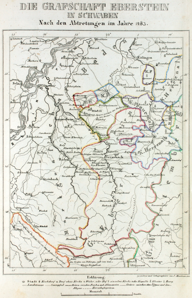 Eine detaillierte Karte von Grafische Eberstein in Schwaben, Deutschland, die Flüsse, Berge und Städte zeigt, mit Text oben und unten auf dem Papier.