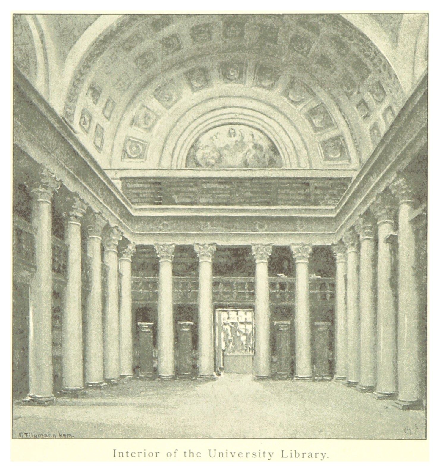 Innenraum einer Universitätsbibliothek mit prächtigen Säulen und detaillierten Deckenverzierungen, mit Text unten für zusätzlichen Stil.