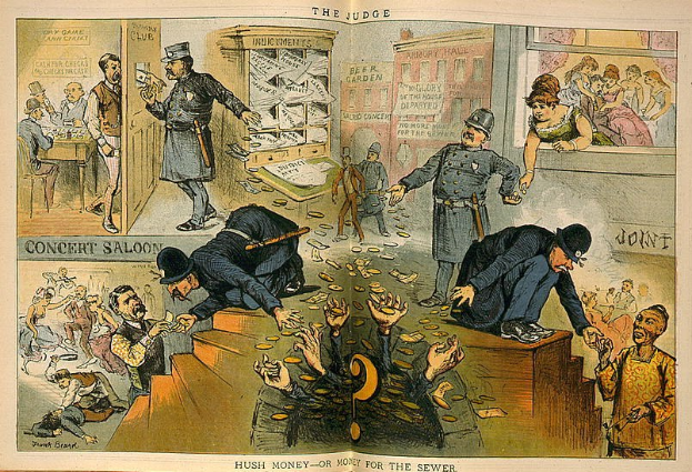 Cartoon eines Richters in einem Gerichtssaal mit einer Gehänger und einem Buch, umgeben von Menschen mit Papieren, auf denen "Schweigegeld oder Geld für die Kloake" steht, überall verstreut.