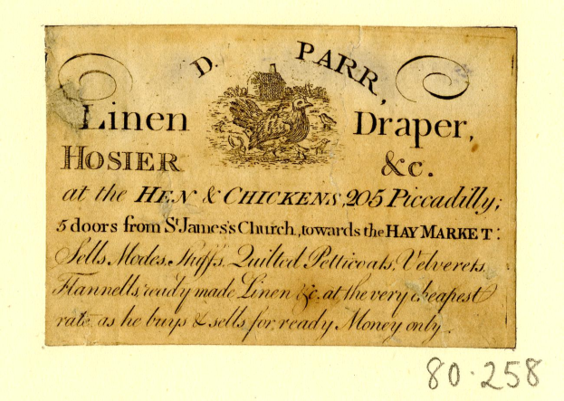 Alte Visitenkarte mit realistischem Bild einer Henne mit sichtbaren Federn und Schnabel, begleitet von Text.