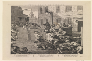 Eine Gruppe von Menschen und Tieren versammelte sich vor einem Gebäude mit Fenstern und einer Straßenlaterne, mit dem Text "Erste Stufe der Grausamkeit" unten.