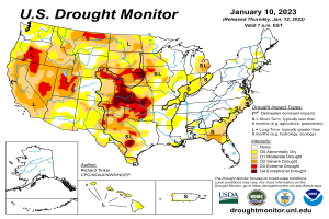 Ein Plakat, das eine Karte des U.S. Drought Monitor vom 10. Januar 2023 mit begleitendem Text und Logos zeigt.