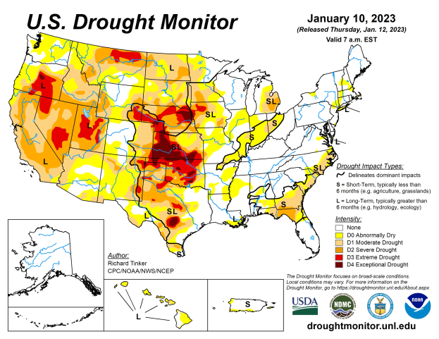Ein Plakat, das eine Karte des U.S. Drought Monitor vom 10. Januar 2023 mit begleitendem Text und Logos zeigt.