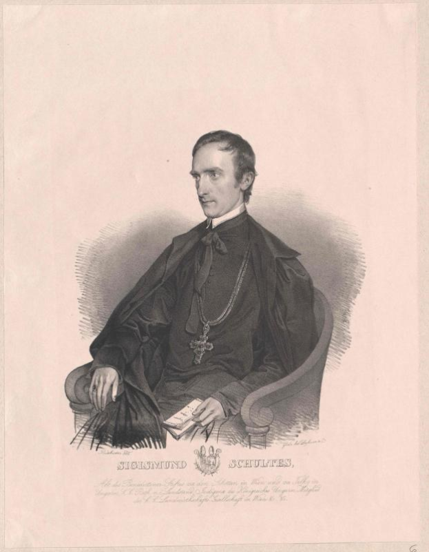 Eine Gravur eines Mannes in einer schwarzen Robe, der in einem Stuhl sitzt und ein Buch hält, mit dem Text "Sicismund Schultes, der Bundeskanzler der Bundesrepublik Deutschland" unten.