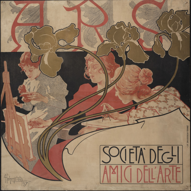 Ein Plakat, das die Gesellschaft der Kunst von Alphonse Mucha ankündigt, zeigt eine farbenfrohe Illustration von drei einzigartig gestalteten Menschen vor einem hellgelben Hintergrund, mit 'Gesellschaft der Kunst' in fetter schwarzer Schrift.