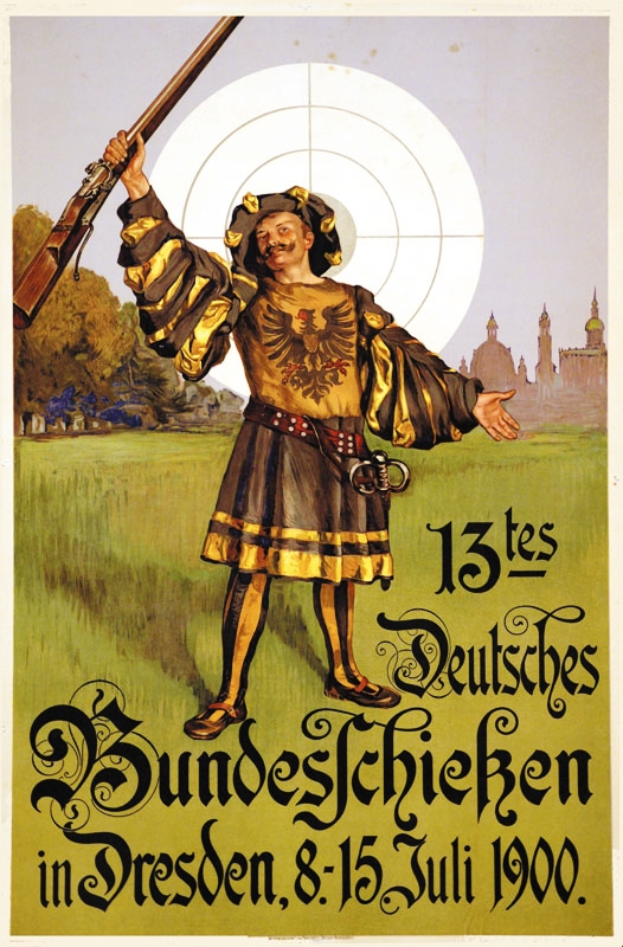 Eine Person steht mit einem Gewehr in der Hand auf einem Plakat, das ein Ereignis am 13. Juli in Dresden, Deutschland, ankündigt, mit Text, der Informationen zum Ereignis enthält.