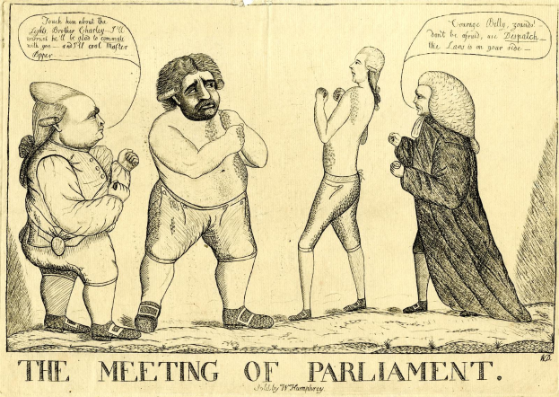 Ein Bleistiftbild zeigt drei Personen, die diskutieren, wobei eine Person lebhaft gestikuliert, unter dem Titel "Die Parlamentssitzung."