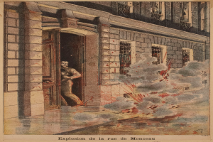 Ein Mann steht in der Tür eines Gebäudes mit herausströmendem Rauch, und unten steht 'explosion de la rue de monceau'.