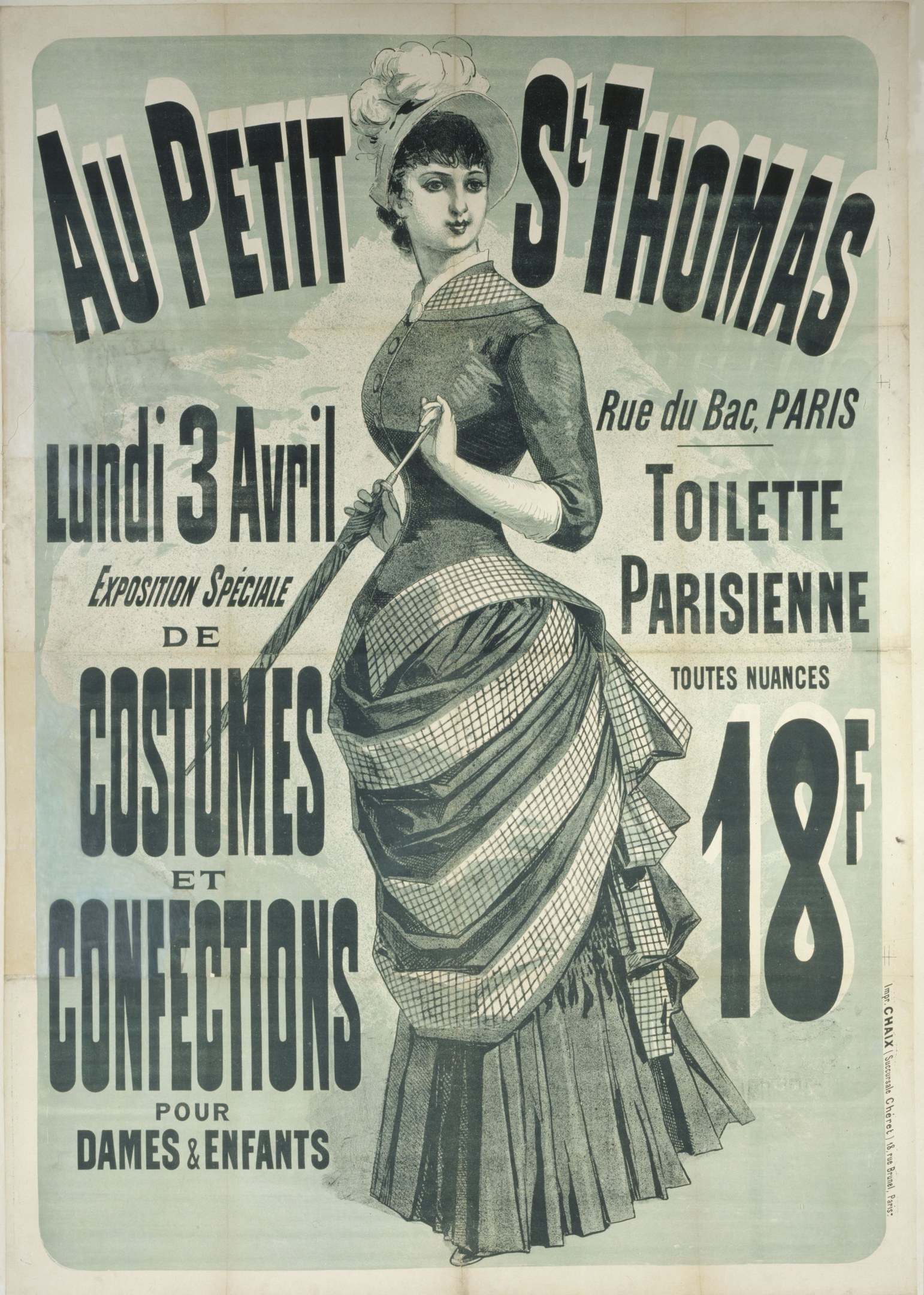 Ein Vintage-Plakat, das eine Kostümvorstellung ankündigt, zeigt eine Frau in einem langen, hochgeschlossenen Kleid mit langen Ärmeln und einem Dutt, die anmutig mit gefalteten Händen posiert.