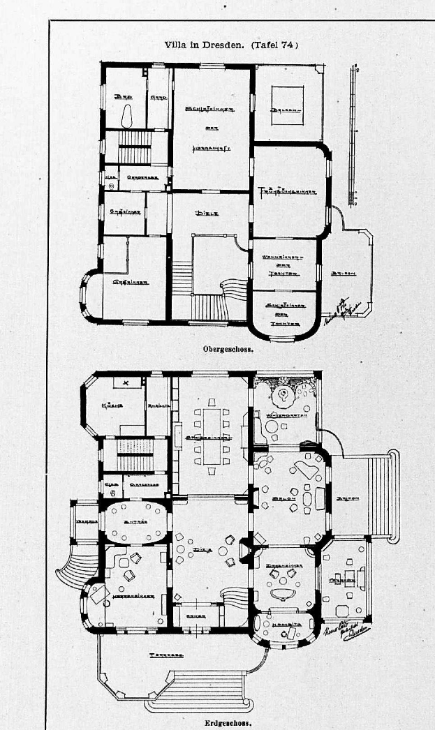 Ein Schwarz-Weiß-Bodenplan-Zeichnung eines Hauses mit mehreren Zimmern, die mit Details über die Zimmernummer und -größen beschriftet sind, die als die Villa in Dresden, Deutschland, vermutet wird.