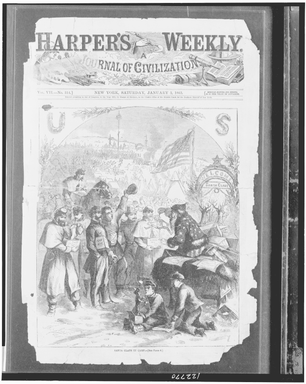 Schwarzes und weißes Bild von Menschen, die sich um eine Zeitung namens 'Harper's Weekly Journal of Civilization' versammeln