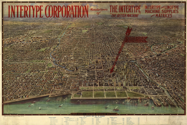 Ein altes Stadtplan von Chicago, Illinois, mit dem Logo der Intertype Corporation und detaillierten Gebäuden, Straßen, Sehenswürdigkeiten und Texten über das Unternehmen.