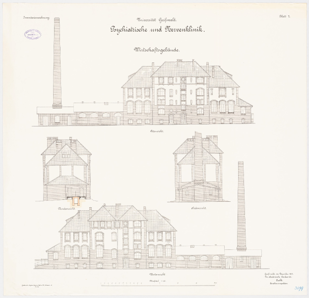 Eine Zeichnung eines mehrstöckigen Gebäudes mit zahlreichen Fenstern und einem Schornstein, das mutmaßlich ein Psychiatriekrankenhaus in Deutschland darstellt, mit zusätzlichem Text auf dem Papier.
