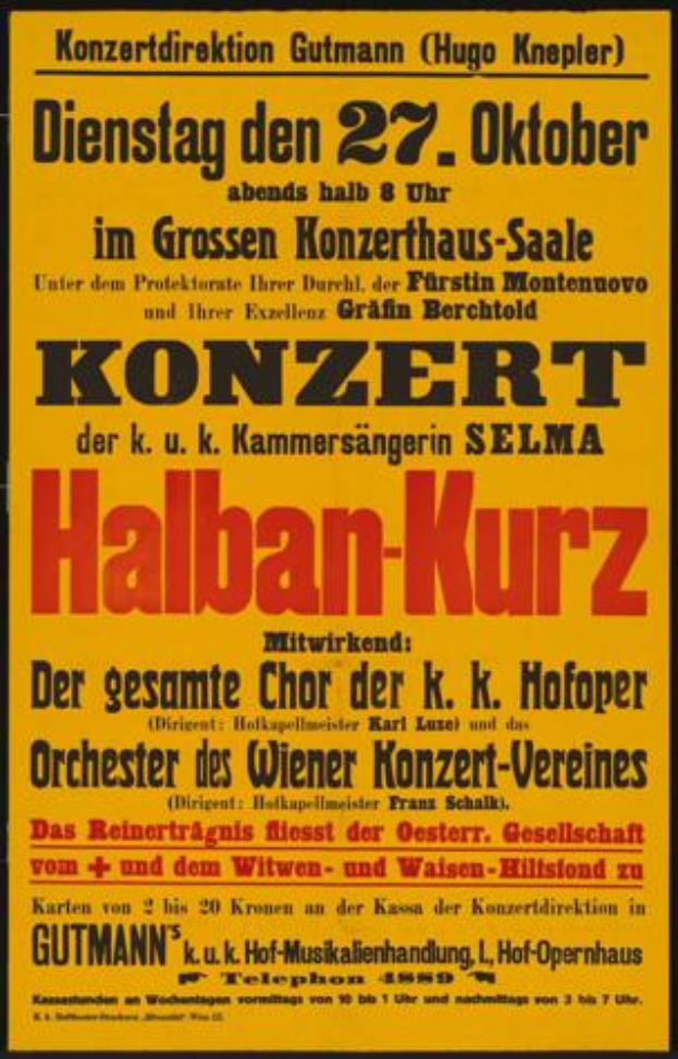 Ein gelbes Plakat, das ein Konzert in Berlin, Deutschland, mit dem Text 'Konzert Halban-Kurz' ankündigt.