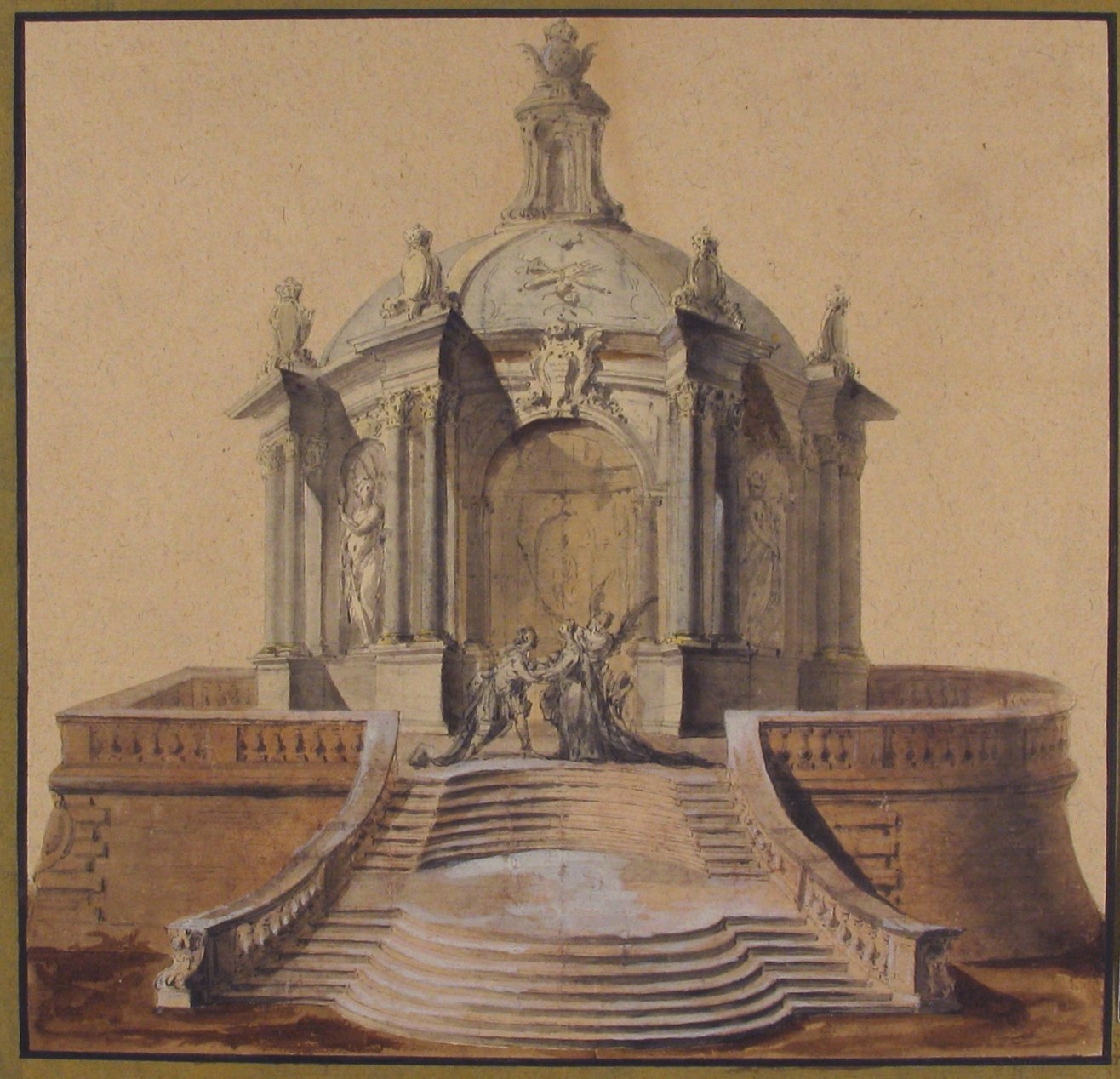 Ein gerahmtes Bild einer klassische Brunnen mit einer Statue darauf, umgeben von Treppen und weiteren Skulpturen.