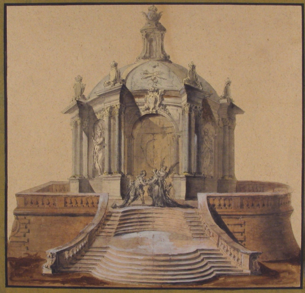 Ein gerahmtes Bild einer klassische Brunnen mit einer Statue darauf, umgeben von Treppen und weiteren Skulpturen.