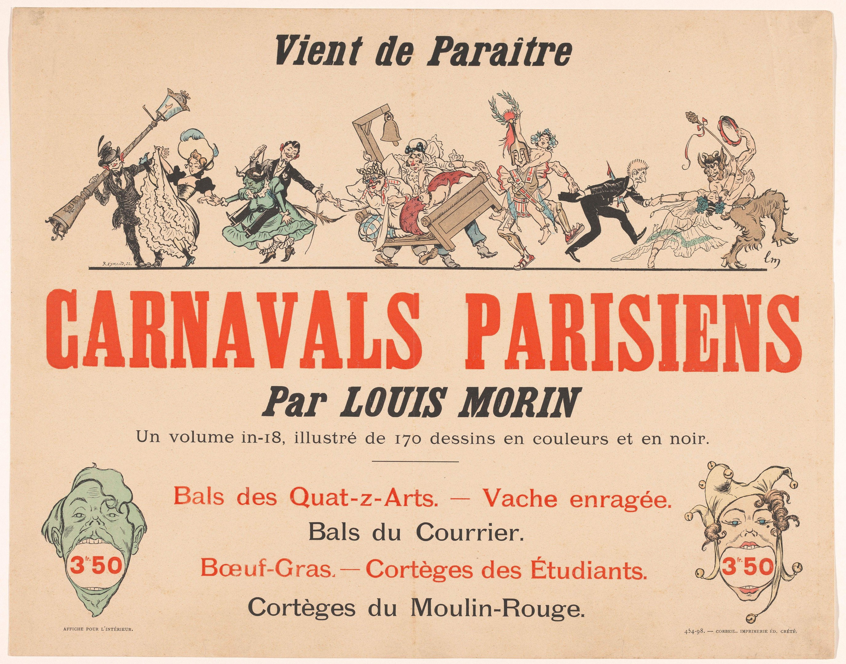 Ein Papier mit dem Titel "Carnivals Parisiens par Louis Morin", das farbenfrohe Illustrationen von kostümierten Menschen auf einem Karneval zeigt, mit auffälligem dekorativem Text.