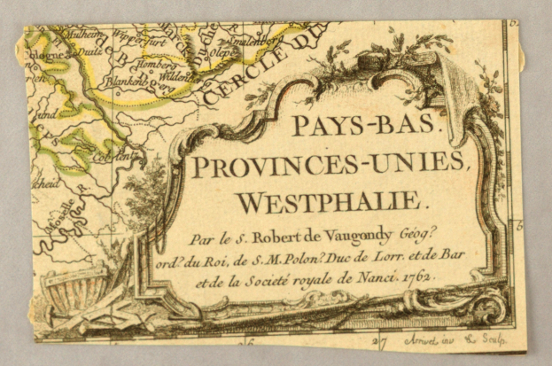 Ein altes Kartenblatt von Westfalen auf einem Stück Papier, das geografische Merkmale wie Flüsse, Berge und Städte detailliert und begleitenden Text enthält, der zusätzliche Informationen über die Region und ihre Bewohner liefert.