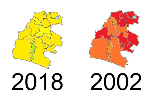 Karte von Deutschland mit Provinzgrenzen von 2002 und 2018 in Gelb, Rot und Orange auf einem weißen Hintergrund mit Text.