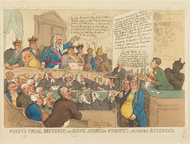 Cartoon-Illustration eines Gerichtssaals mit dem Titel "Boney's Trial, Sentence, and Dying Speech Europe's Injuries Revenged", die eine Gruppe von Menschen mit einem zentralen stehenden Mann und einem Tisch mit Gegenständen auf der rechten Seite zeigt.