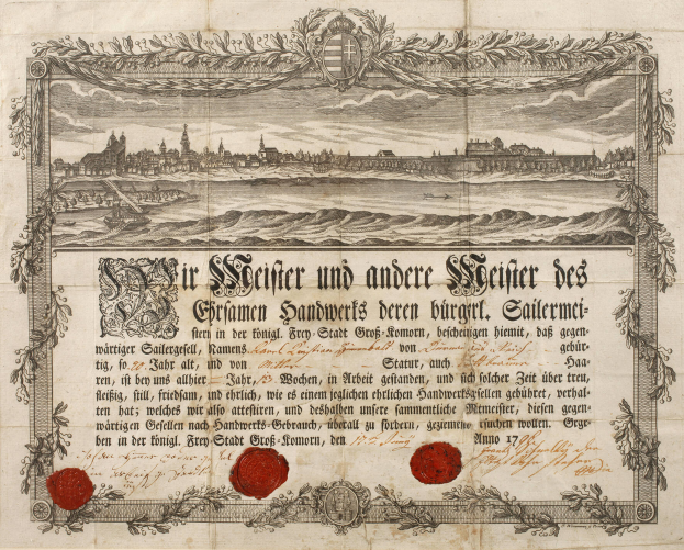 Ein altes Dokument mit einer Stadtillustration, Text und zwei roten Wachssiegeln.