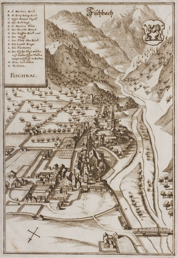Alte Karte von Fischbach, Deutschland, mit H├Ąusern, B├Ąumen, H├Ąngen, einem gewundenen Fluss, Text und einem Logo auf vergilbtem Papier.