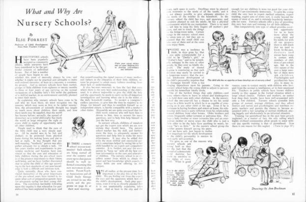 Ein aufgeschlagenes Buch mit einer Zeichnung von Kindern, die in einer Kita spielen, und begleitendem Text sowie einer Tabelle mit verschiedenen Gegenständen.