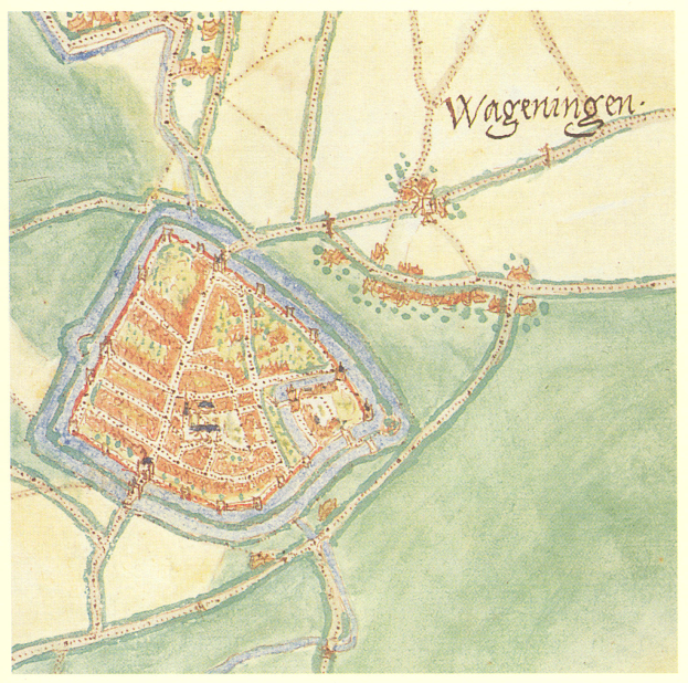 Ein detaillierter Stadtplan von Wageningen, Deutschland, der Straßen, Gebäude und Sehenswürdigkeiten mit zusätzlichen Informationen zeigt.