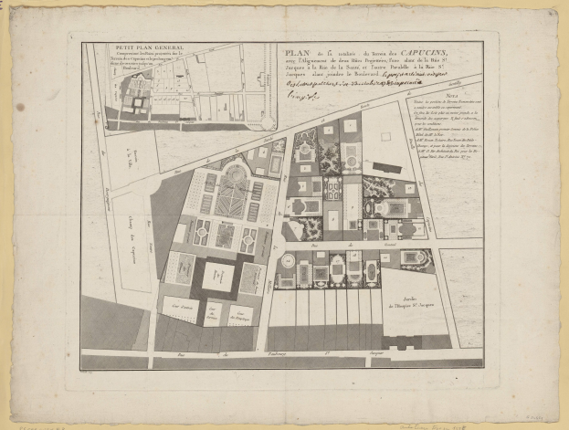 Detailierte Papierkarte von Paris mit Straßen, Gebäuden und Sehenswürdigkeiten mit handgeschriebenem Text.