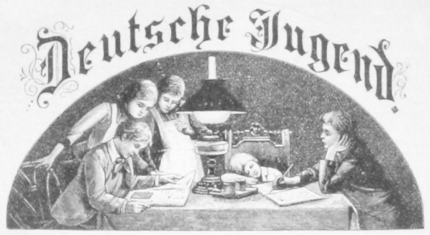 Eine Gruppe von Kindern sitzt um einen Tisch mit einer Lampe, Büchern und anderen Gegenständen, mit einem schwarzen und weißen Plakat oben, auf dem die Wörter "Deutsche Jugend" stehen.
