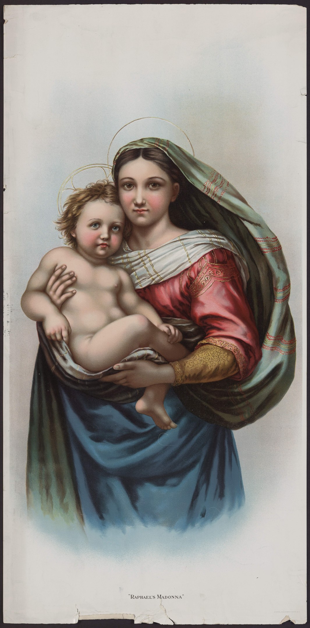 Frau in einem roten und blauen Kleid, die ein Baby hält, mit geschlossenen Augen und leicht geöffneten Lippen, mit einem Dutt.