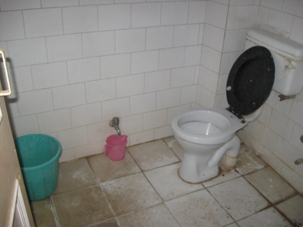 Eine weiße westliche Toilette mit einem weißen Spülkasten auf der rechten Seite, ein pinkfarbener Plastikbadeeimer auf dem Boden, ein Eimer auf der linken Seite und eine weiße Wand im Hintergrund mit einer Tür.