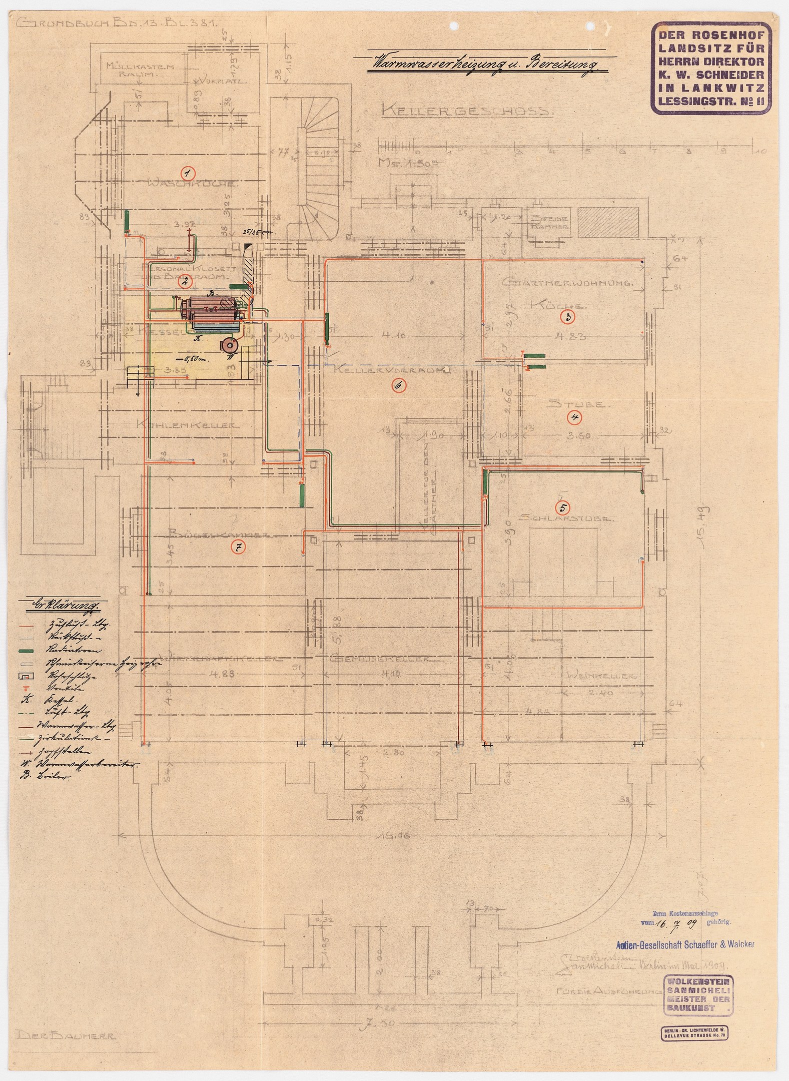 Schwarz-weißer Architekturentwurf des Rosenhof-Krankenhauses in Hamburg, Deutschland, mit detaillierten Grundrissen und zahlreichen Drähten, die elektrische oder strukturelle Elemente anzeigen.