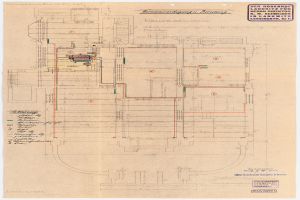 Schwarz-weißer Architekturentwurf des Rosenhof-Krankenhauses in Hamburg, Deutschland, mit detaillierten Grundrissen und zahlreichen Drähten, die elektrische oder strukturelle Elemente anzeigen.