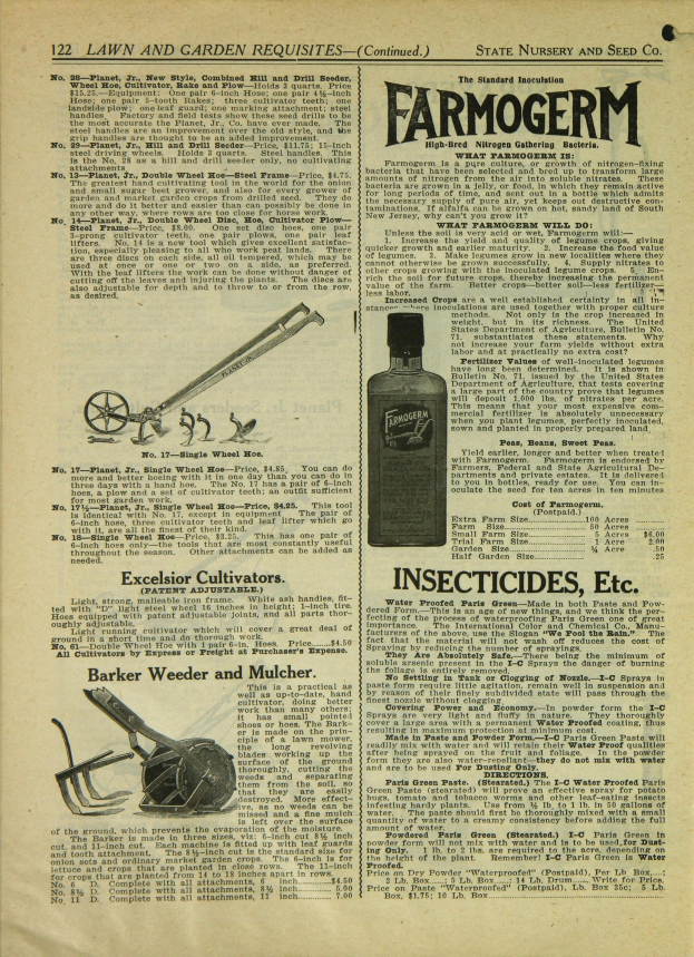 Alte Buchumschlagabbildung mit einer Flasche Farmogerm-Insektizid, die mit fetter schwarzer Schrift auf einem hellblauen Hintergrund etikettiert ist.
