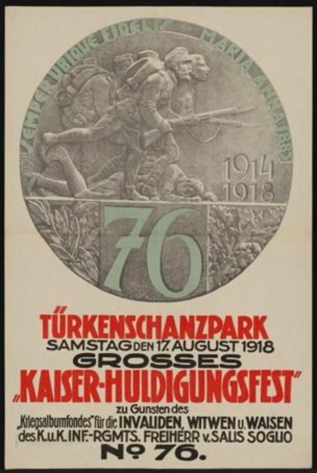 Plakat zum 70-jährigen Jubiläum des Kaiser-Huldigungsfestes in Berlin, Deutschland, mit einer Gruppe von Menschen im Rahmen eines klassischen Fotos
