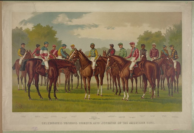 Gruppe von Menschen, die auf Pferden auf einer grünen Wiese mit Bäumen und einem blauen Himmel reitet, mit dem Text "Feiernder Siegerpferde und Jockeys der American Turf" unten.